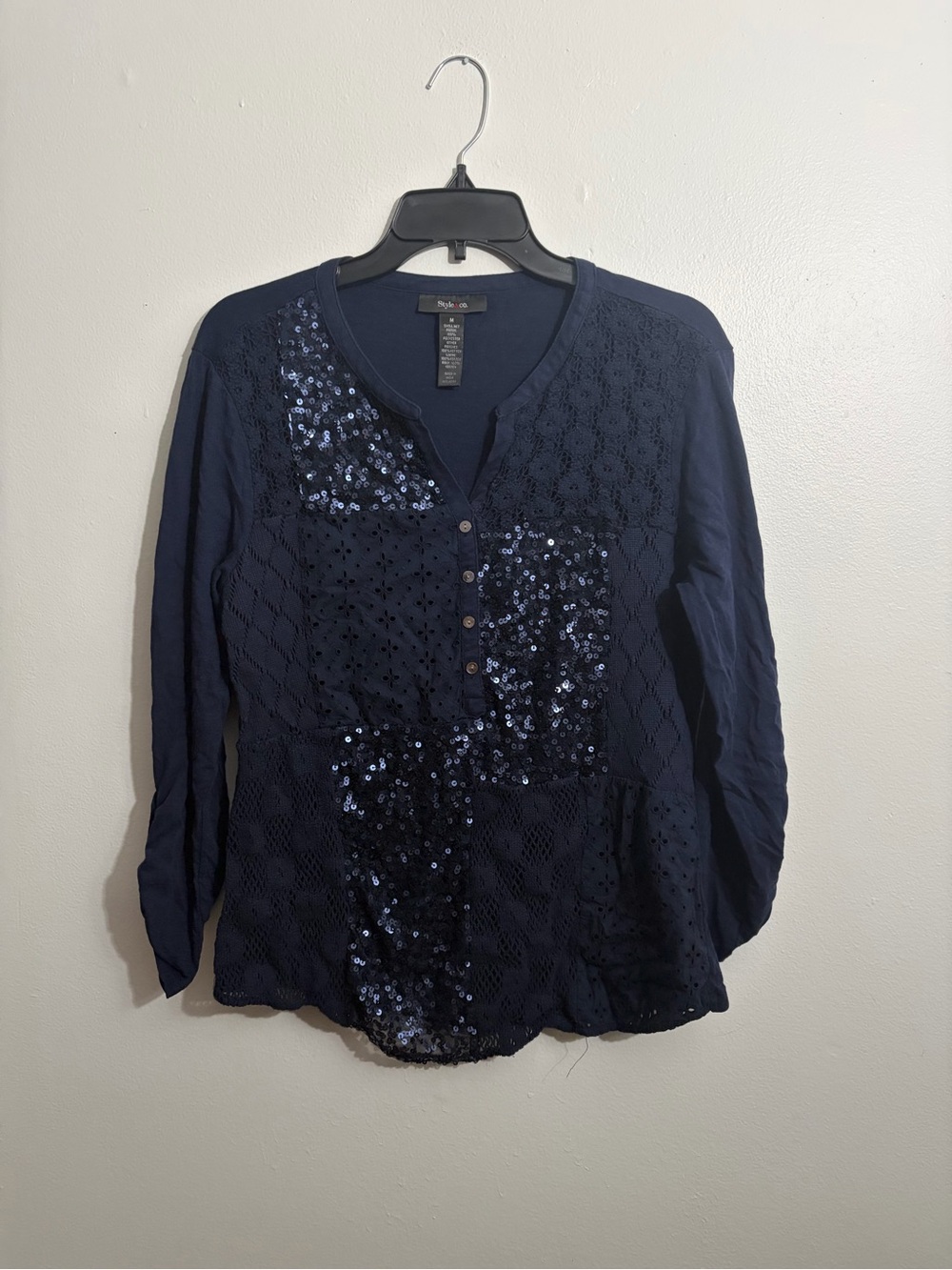 Style & Co. Navy Sequin Patchwork Henley Top